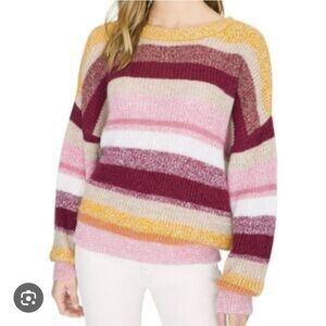 Striped soft crewneck sweater Sanctuary yellow & pink colorful jewel tone cozy